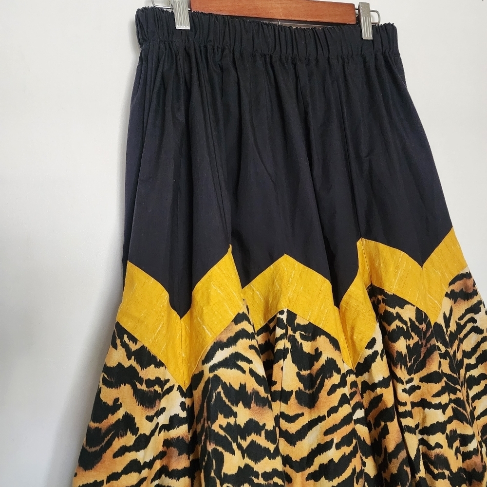 Vintage 80s Tiger Animal Print Midi Skirt Chevron Waist High Rise Boho Pin Up - Picture 9 of 9
